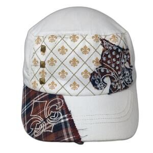 Fleur De Lis Cadet Army Cap White One Size Plaid Rhinestone Kb Ethos Vintage